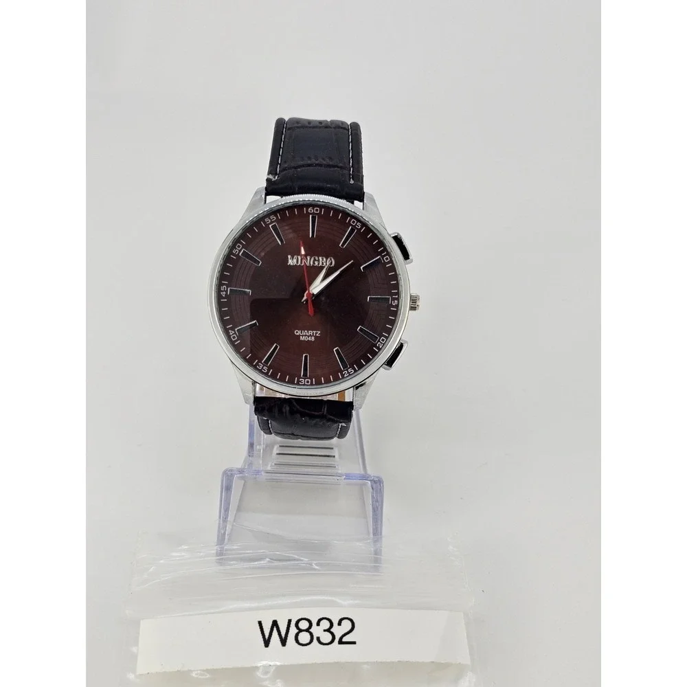 Men's Analog Watch 45MM Brown Dial Dark Brown Faux Leather Bands New Battery